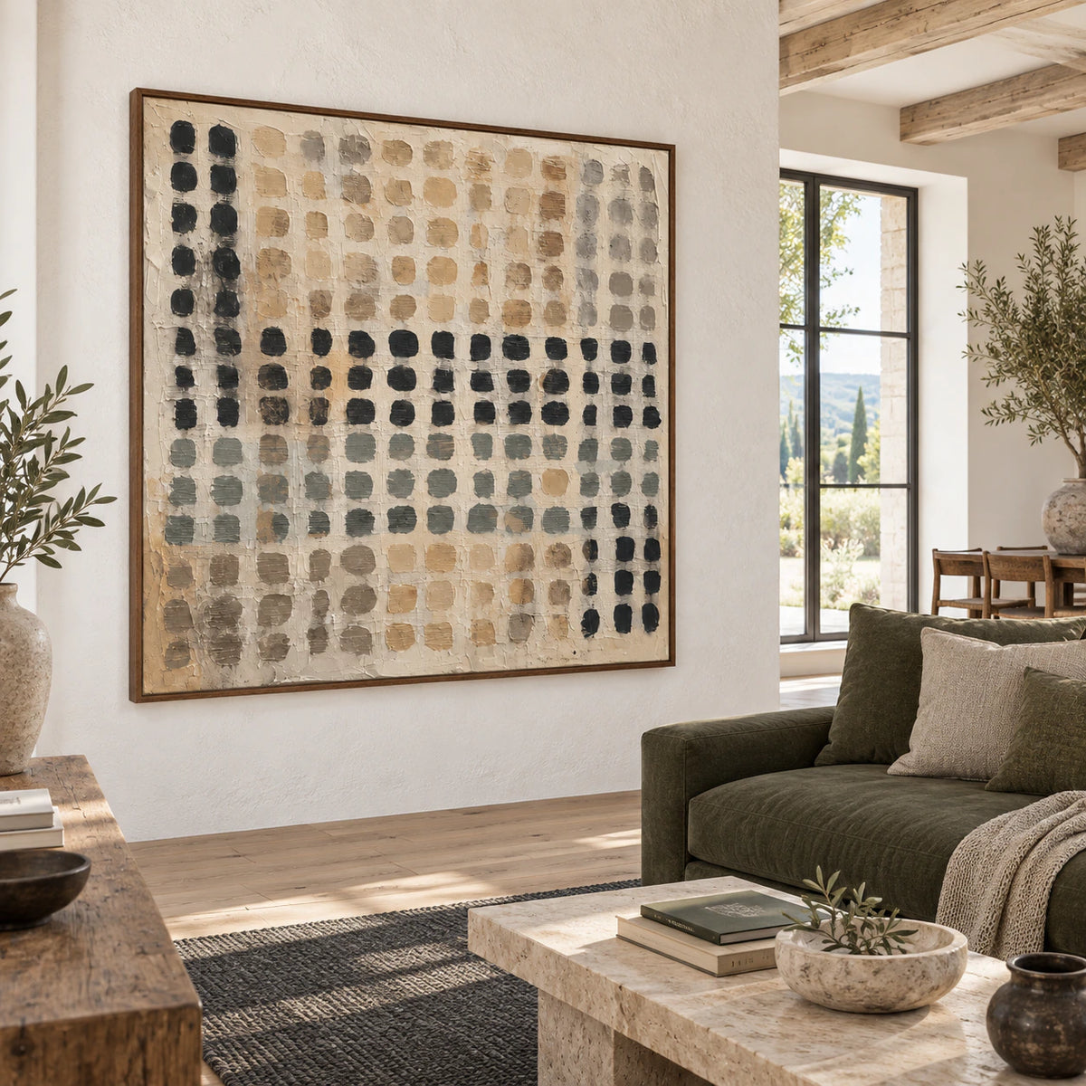 Bright living room with Quiet-Register displayed as the central large-scale wall artwork.