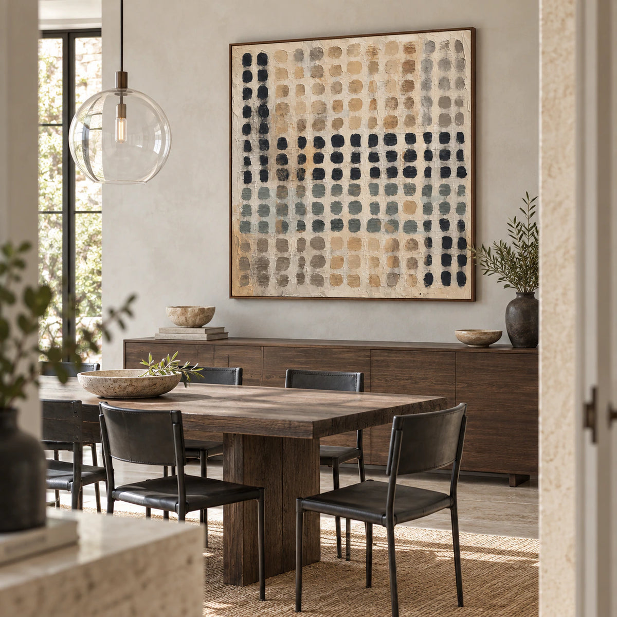 Refined dining room with Quiet-Register above a sculptural dining setting.