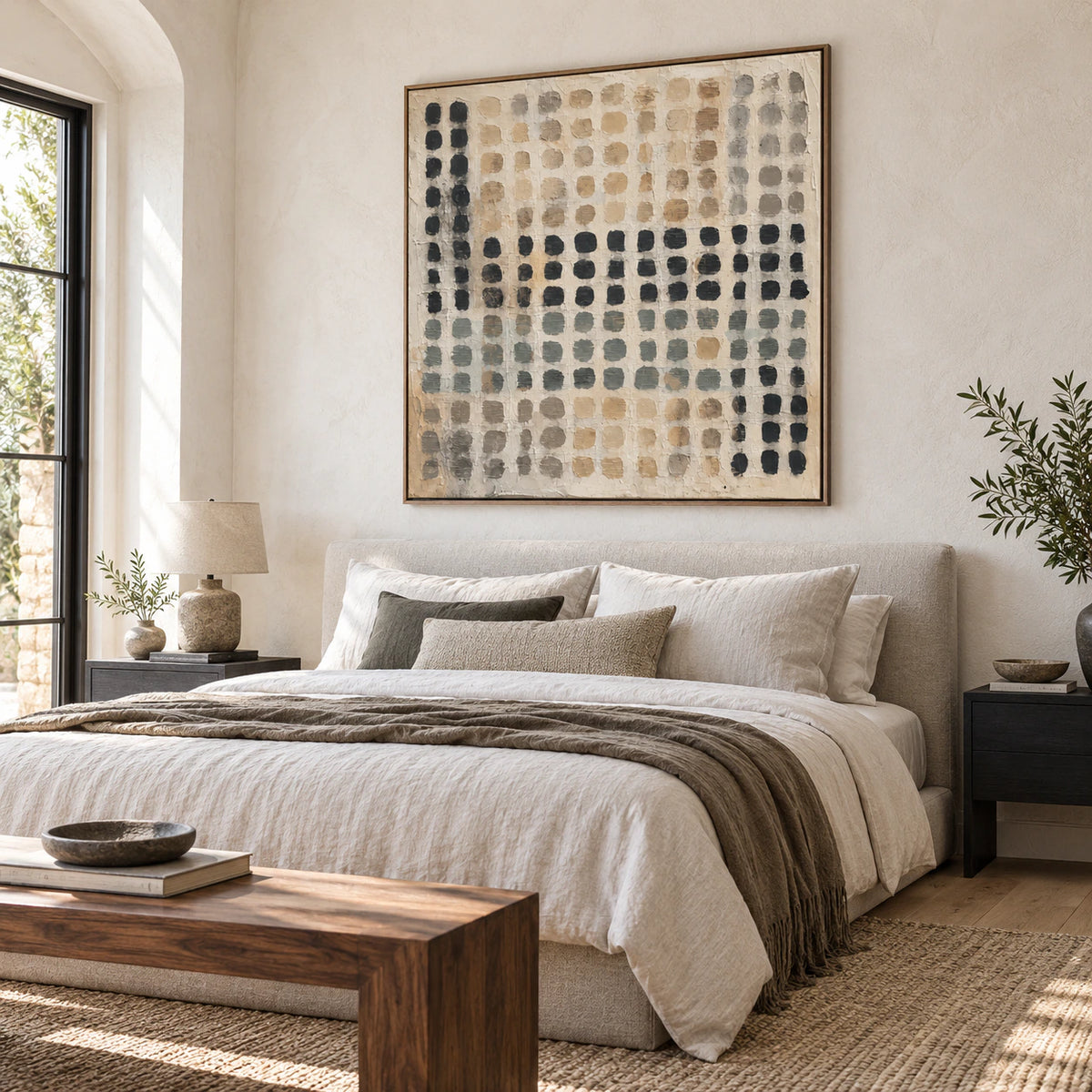 Quiet bedroom with Quiet-Register as a prominent square artwork above a low bed.
