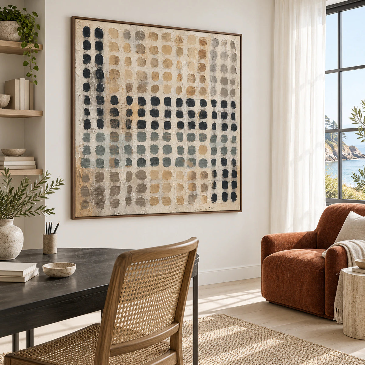 Airy reading office with Quiet-Register as the dominant wall focal point.