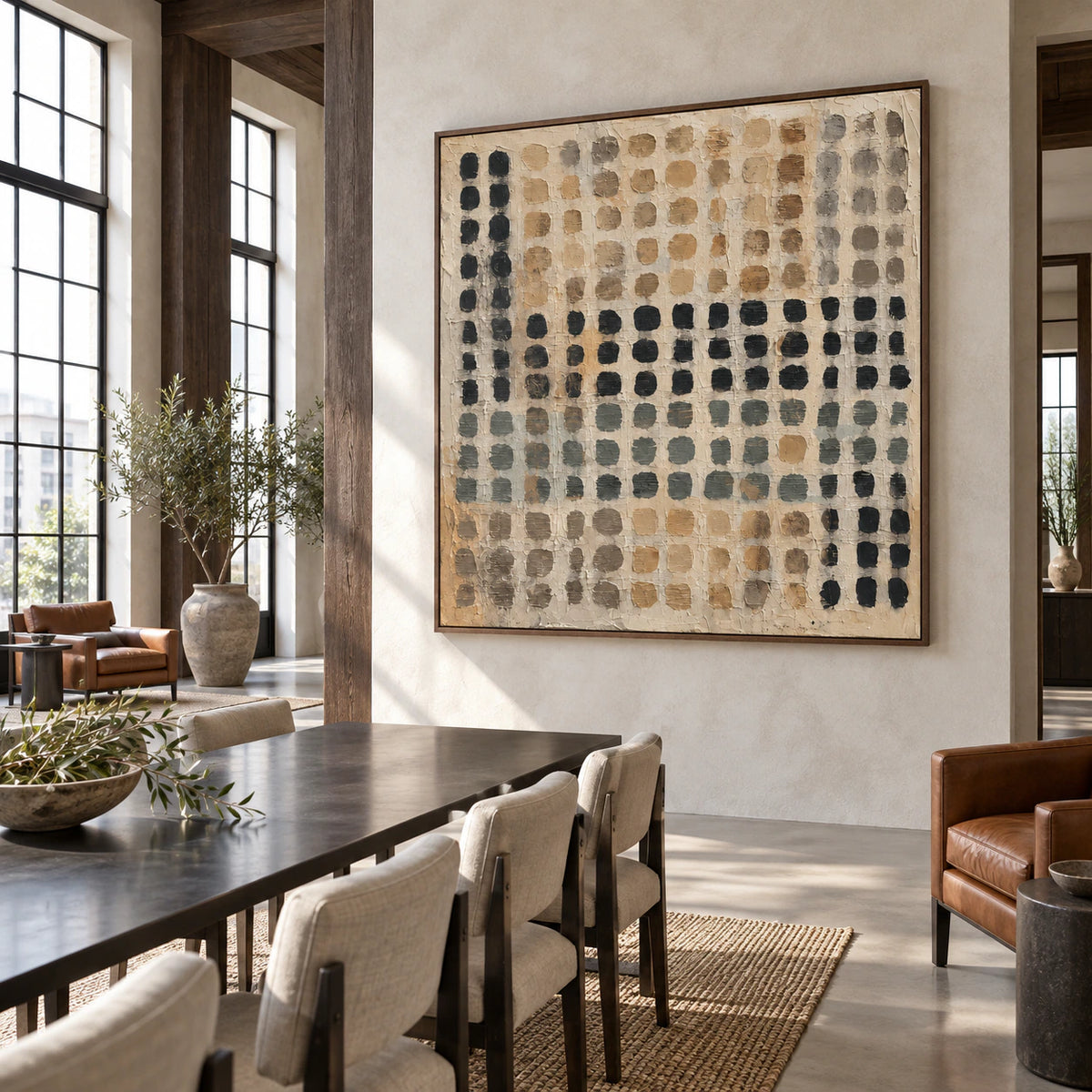 Expansive loft hospitality interior with Quiet-Register as the principal large wall artwork.