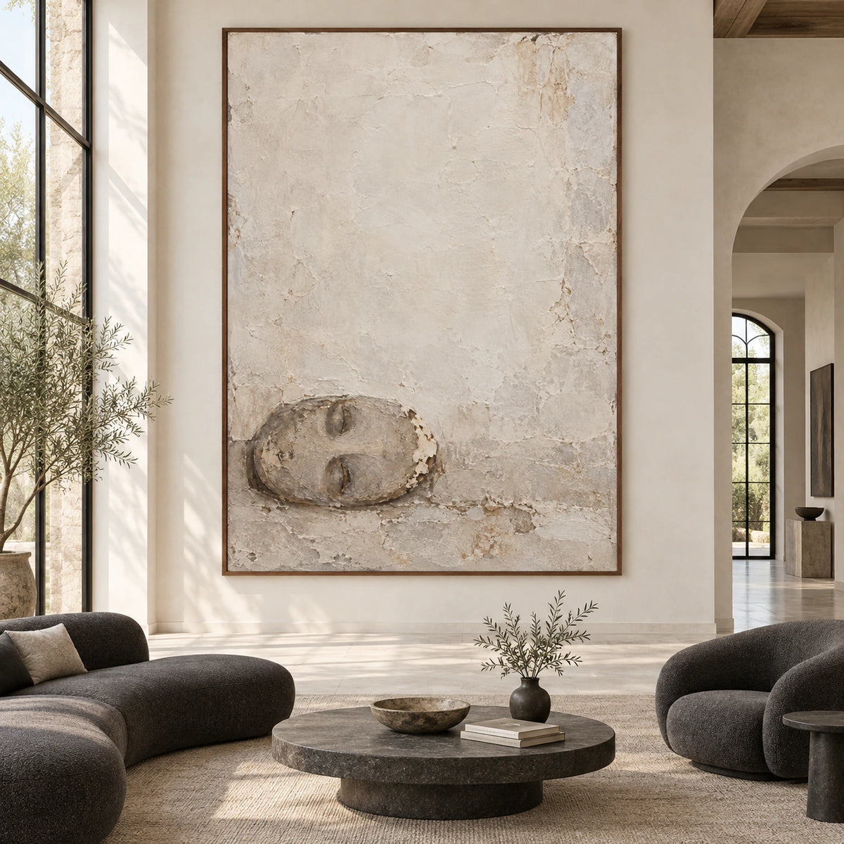 Large Quiet-Relic textured wall art displayed straight-on in a bright, expansive architectural living space.