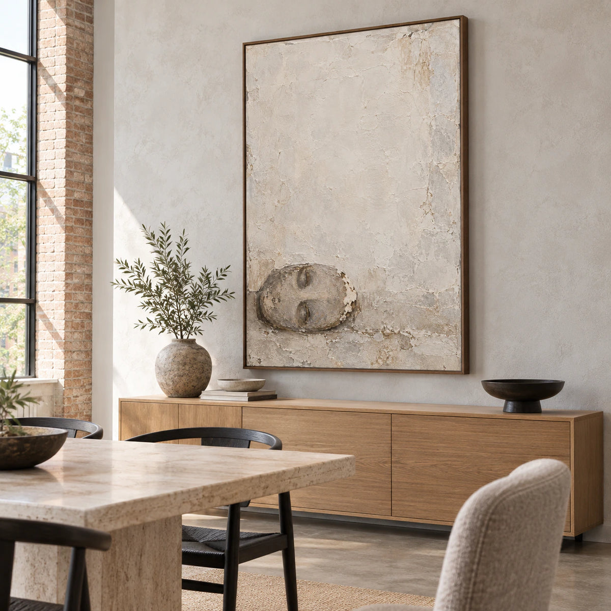 Quiet-Relic textured vertical wall art in a refined daylight dining room.