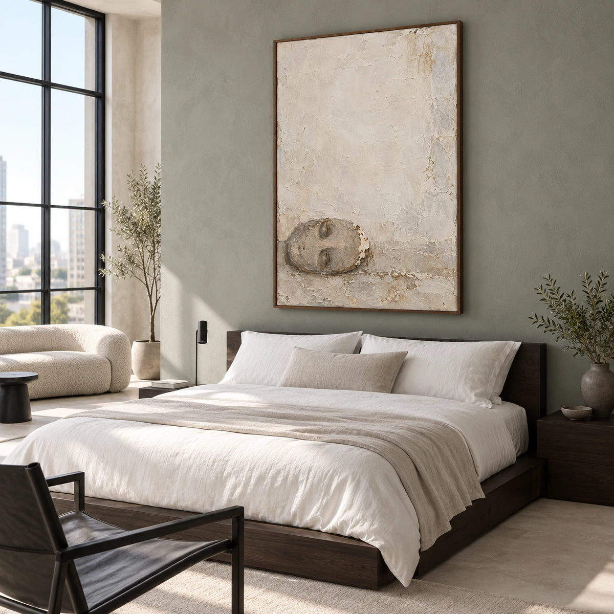 Quiet-Relic textured vertical wall art in a quiet, naturally lit bedroom.