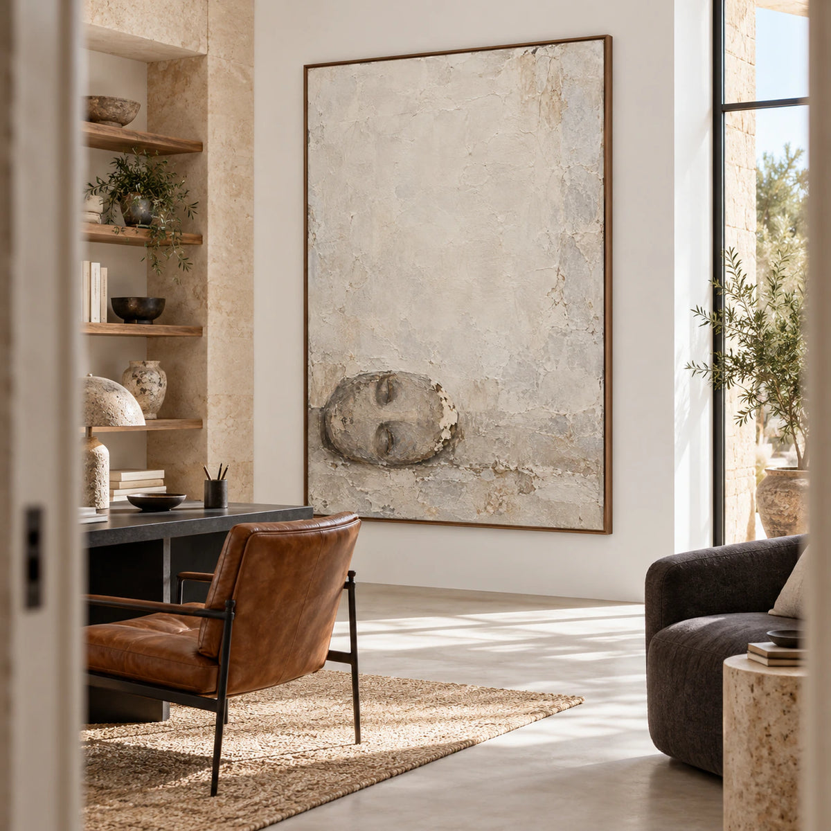 Quiet-Relic textured vertical wall art in an airy home office reading space.