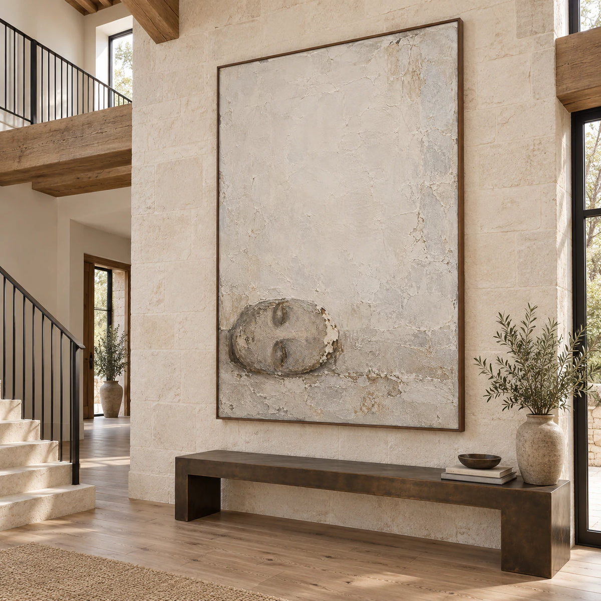 Quiet-Relic textured vertical wall art at gallery scale in a bright foyer.