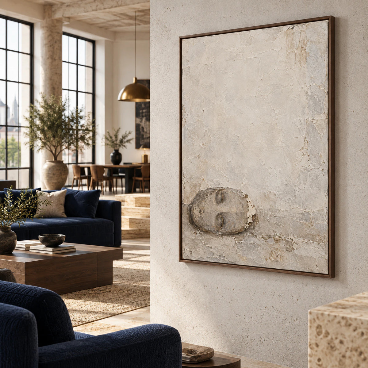 Quiet-Relic textured vertical wall art in an expansive daylight loft hospitality interior.