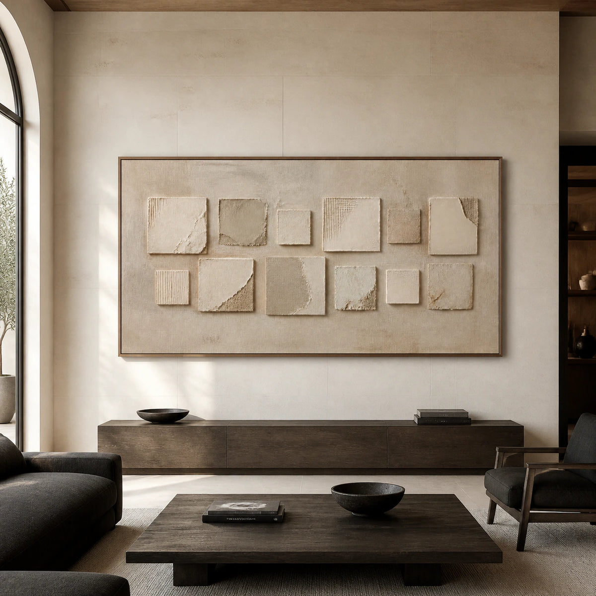 Quiet-Relief displayed at large scale on a pale limestone wall in a spacious architectural interior.