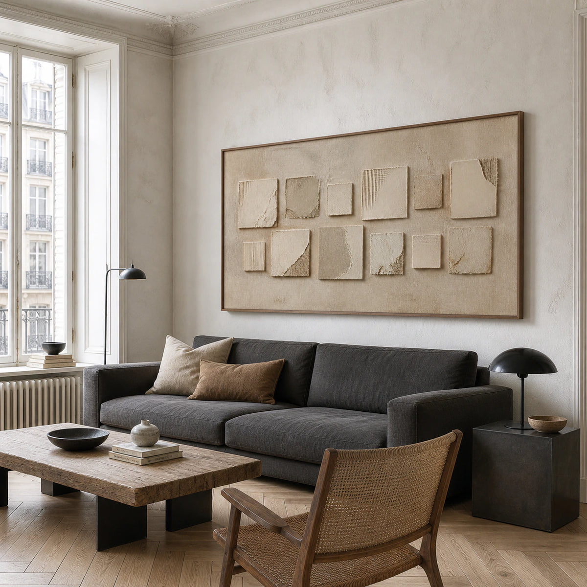 Quiet-Relief above a restrained charcoal sofa in a bright, open living room.