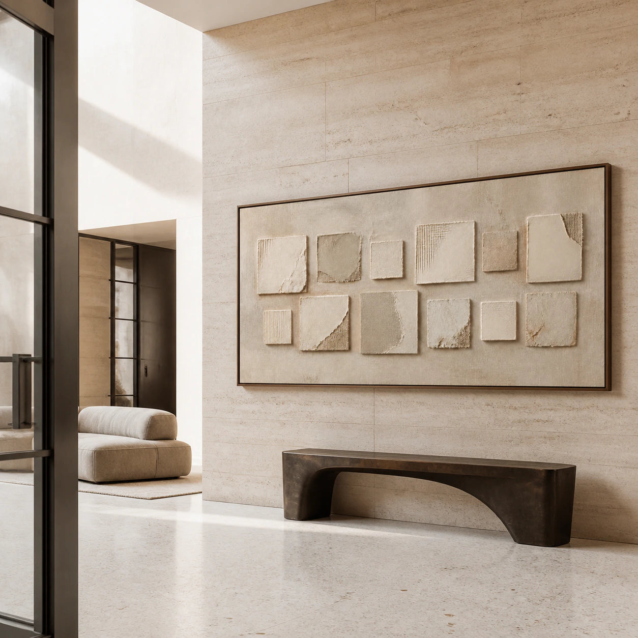 Quiet-Relief at gallery scale in a tall, sunlit stone foyer.