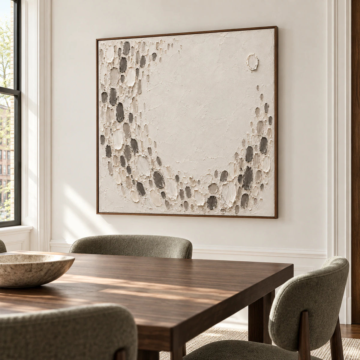 Square ivory and charcoal textured abstract on a dining room wall beside a long table.