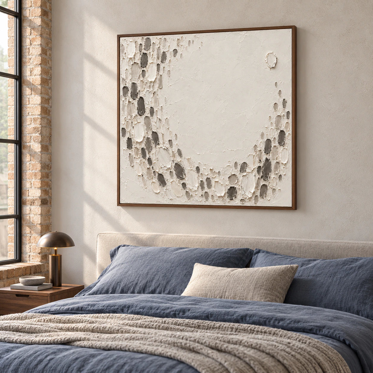 Square ivory and charcoal textured abstract above a low bed in a quiet, daylight-filled bedroom.