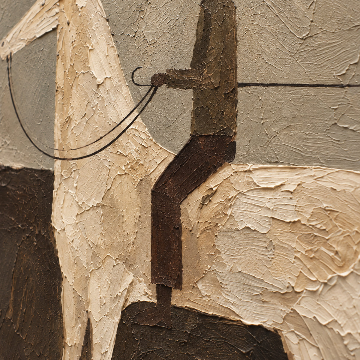 Quiet-Rider oil painting brushwork and impasto detail photographed from an oblique side angle
