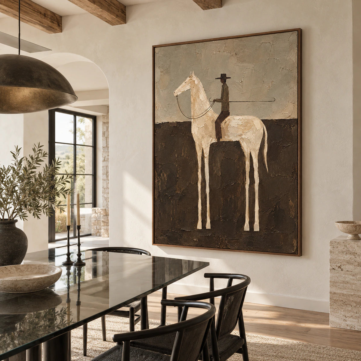 Refined dining room with Quiet-Rider displayed prominently on a plaster wall.