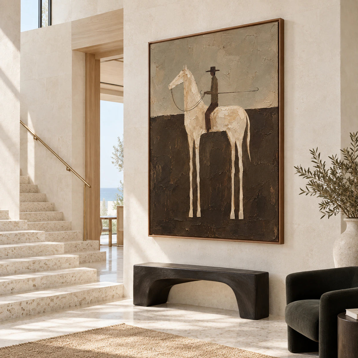 Gallery-scale foyer with Quiet-Rider presented at a dramatic vertical scale.