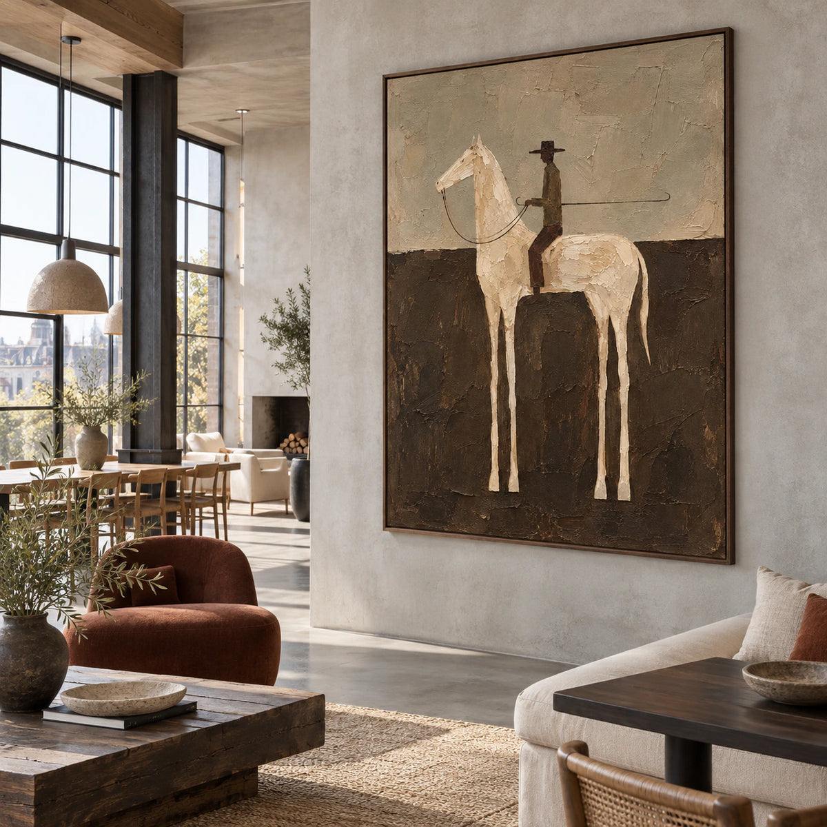 Expansive loft hospitality interior anchored by the large Quiet-Rider artwork.