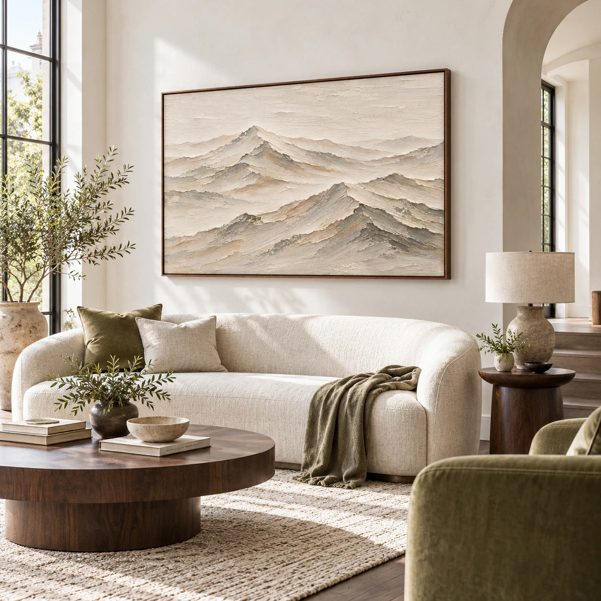 Quiet-Ridgeline as a large focal artwork in a bright contemporary living room.