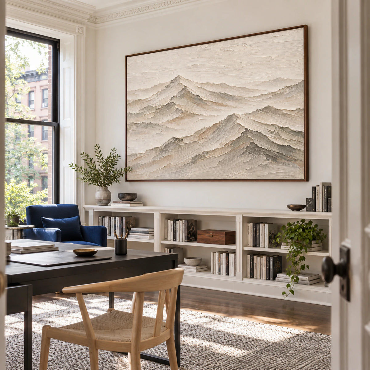 Quiet-Ridgeline displayed prominently in an airy home office reading space.