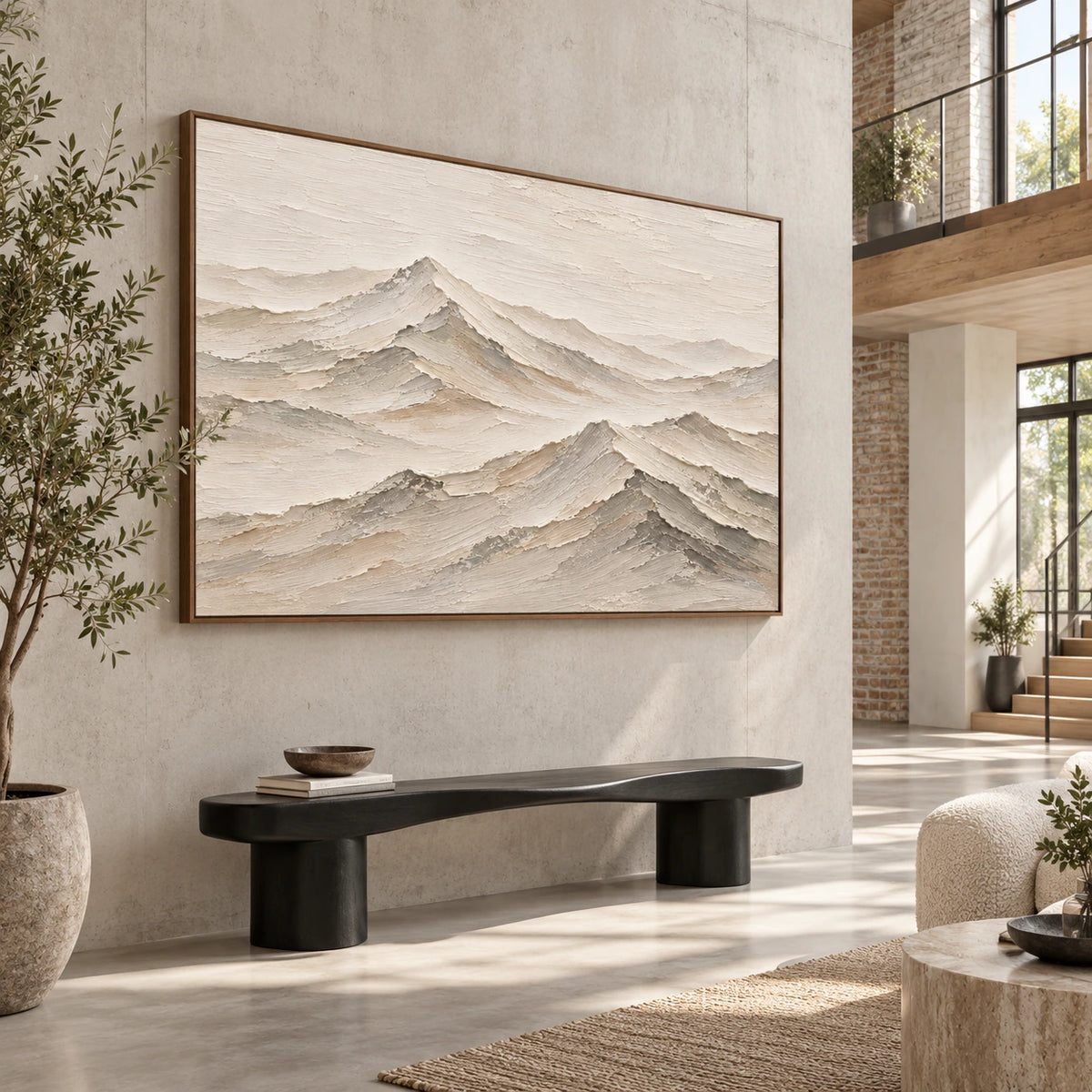 Quiet-Ridgeline at gallery scale in a bright sculptural foyer.