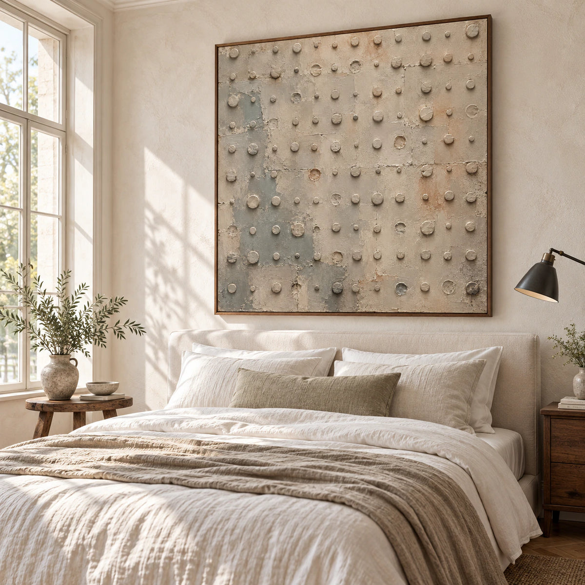 Quiet-Rivet above a low bed in a quiet, softly lit bedroom.