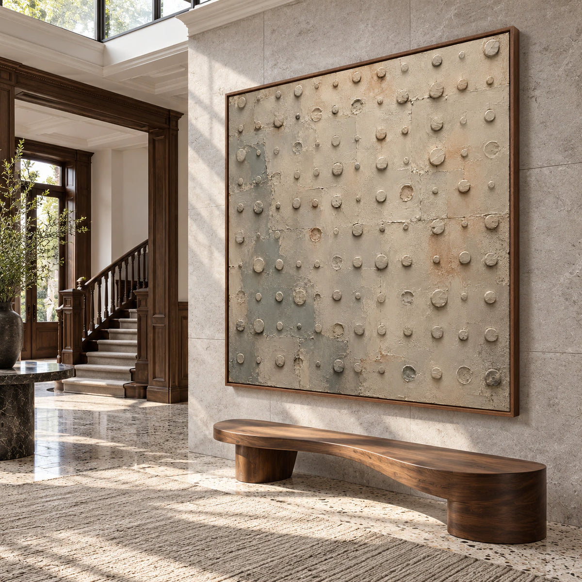 Quiet-Rivet at gallery scale in a bright, sculptural foyer.