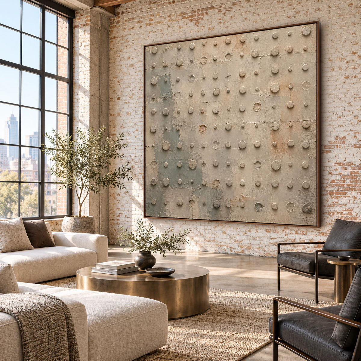 Quiet-Rivet as a large focal point in an expansive loft hospitality interior.