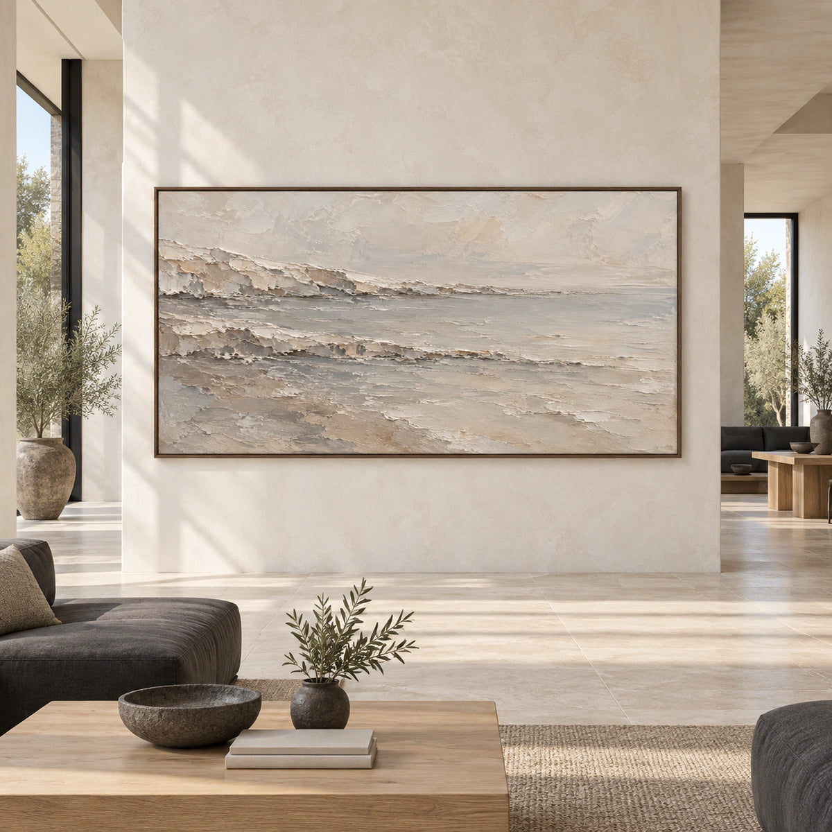 Large Quiet-Strata textured panoramic wall art shown straight-on in a spacious daylight-filled interior.