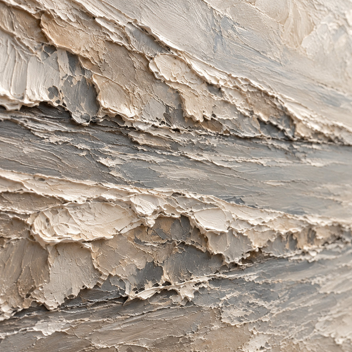 Quiet-Strata oil painting brushwork and impasto detail photographed from an oblique side angle
