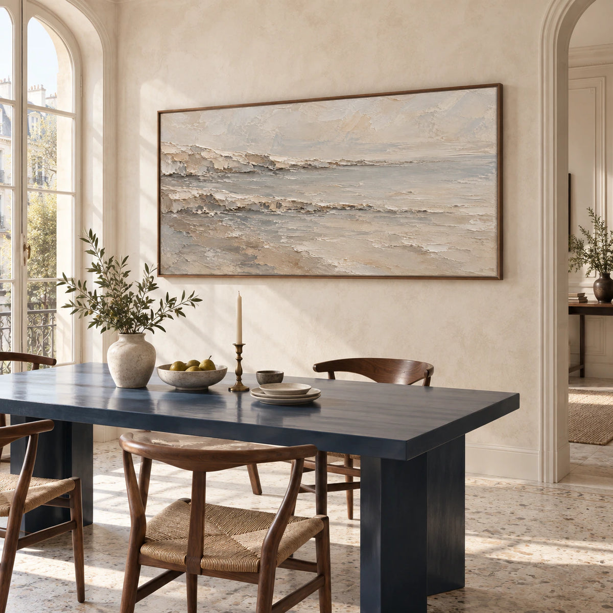 Quiet-Strata textured panoramic wall art in a refined daylight dining room.