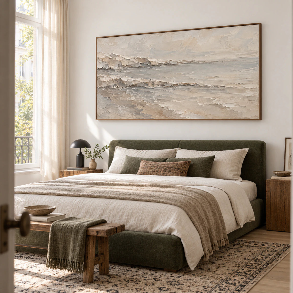Quiet-Strata panoramic textured wall art in a quiet, softly lit bedroom.