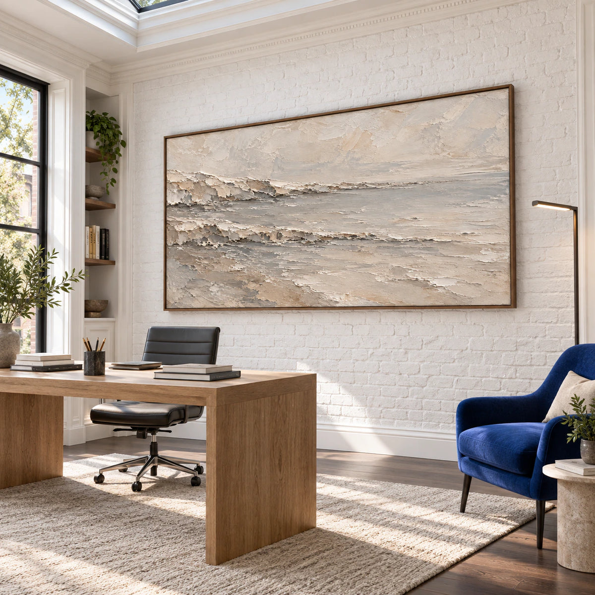 Quiet-Strata textured wall art in an airy home office reading space.