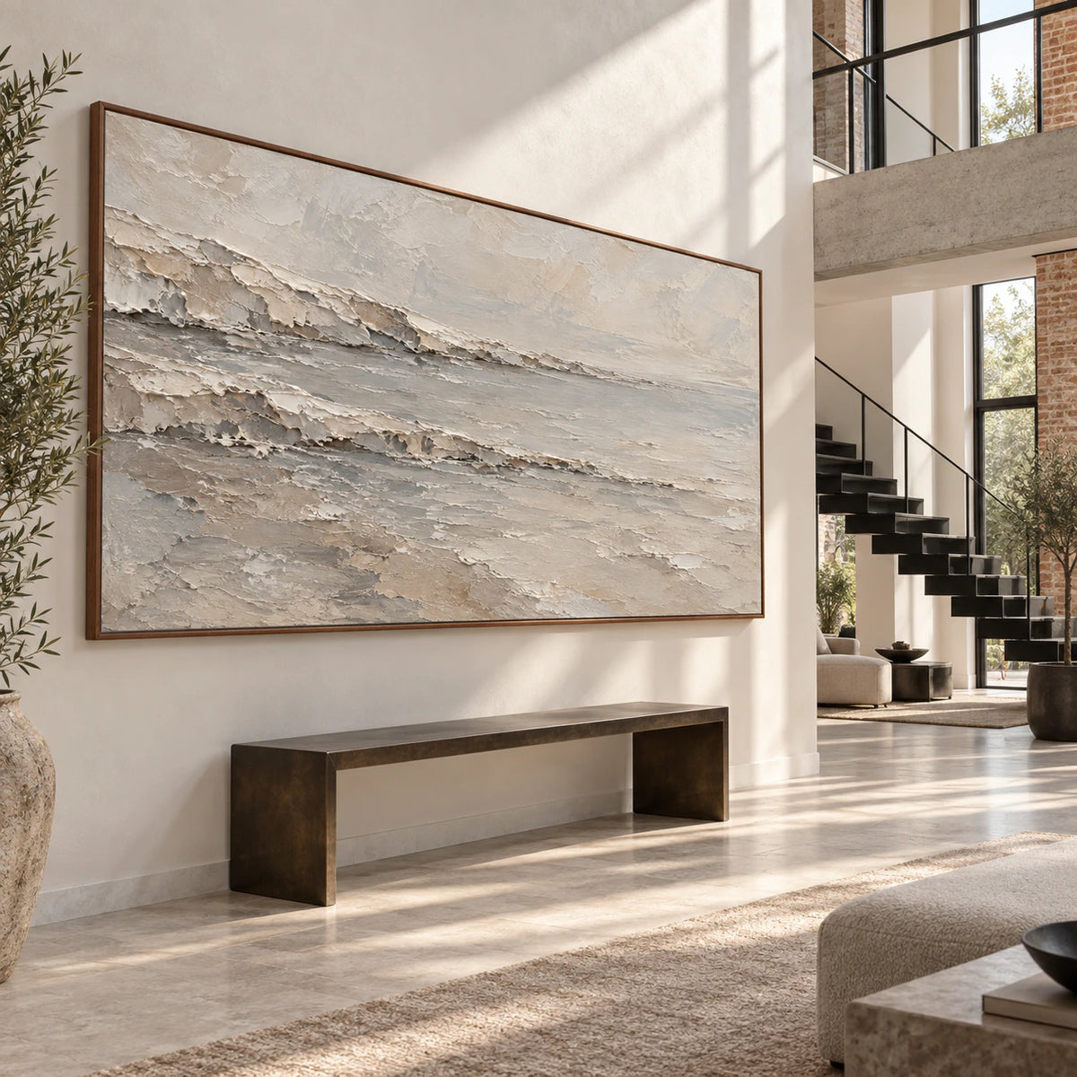 Quiet-Strata large panoramic wall art in a gallery-scale foyer.