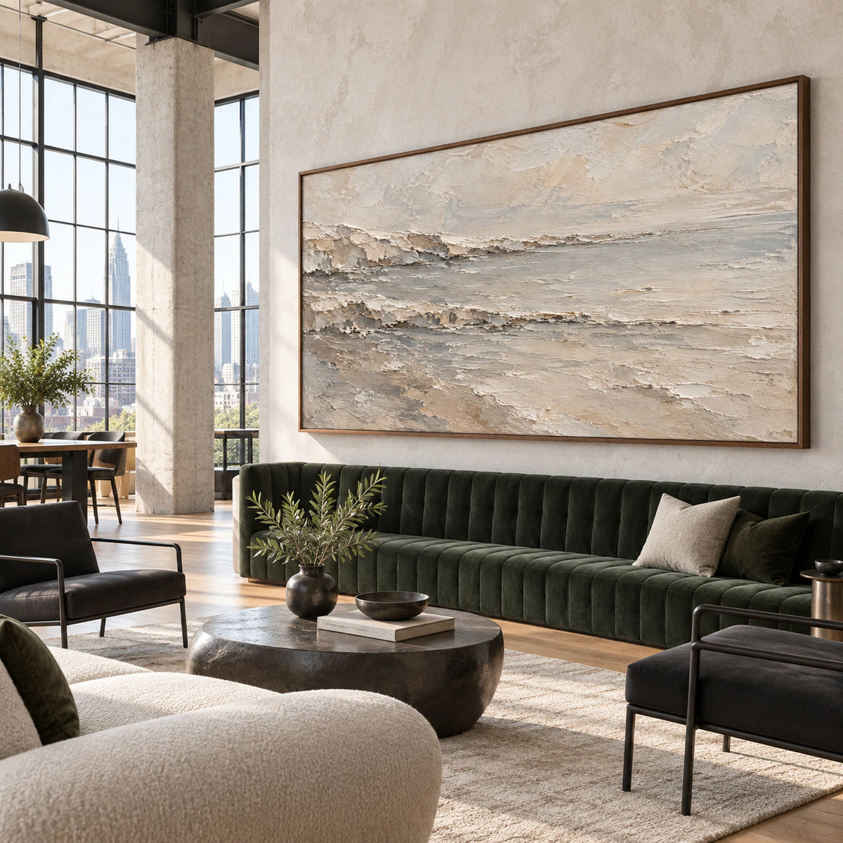 Quiet-Strata textured panoramic wall art in an expansive hospitality loft interior.