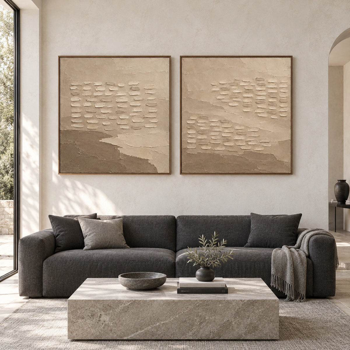 Quiet-Terrain diptych shown large and straight-on in an open architectural interior