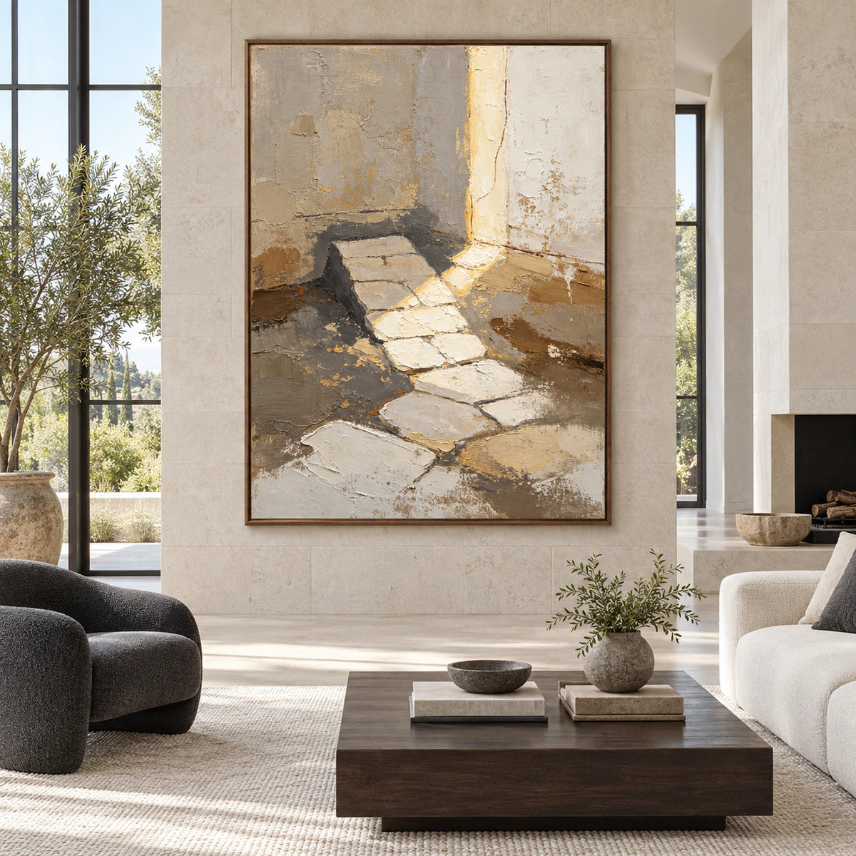 Quiet-Threshold displayed at large scale in a spacious contemporary interior, viewed perfectly straight-on.
