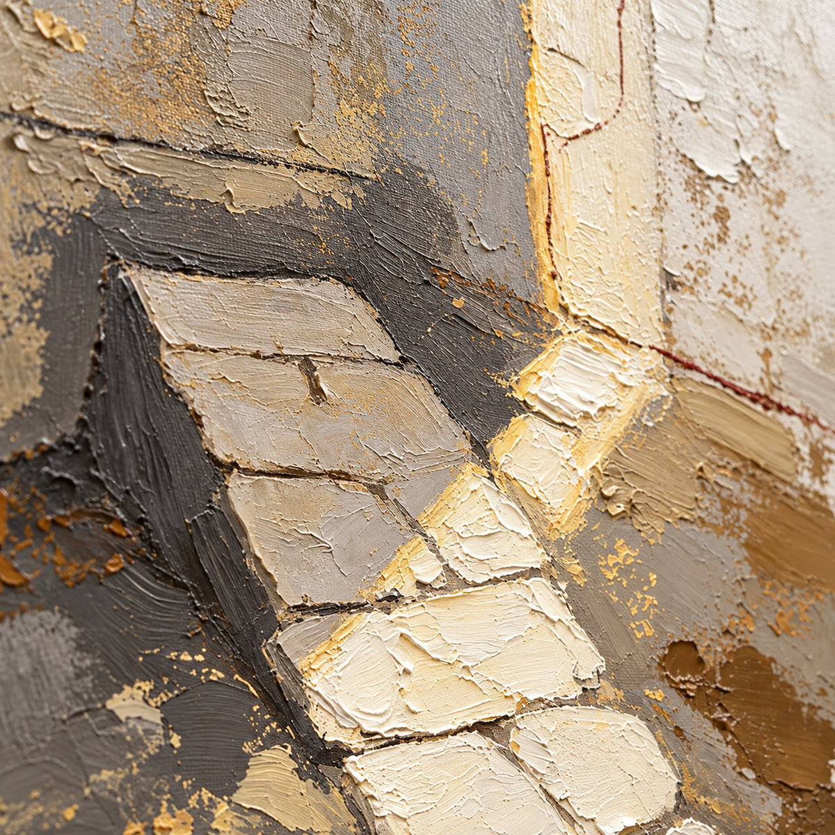 Quiet-Threshold oil painting brushwork and impasto detail photographed from an oblique side angle