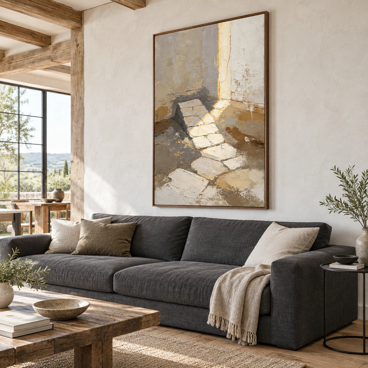 Quiet-Threshold as the focal artwork above a sofa in a bright contemporary living room.