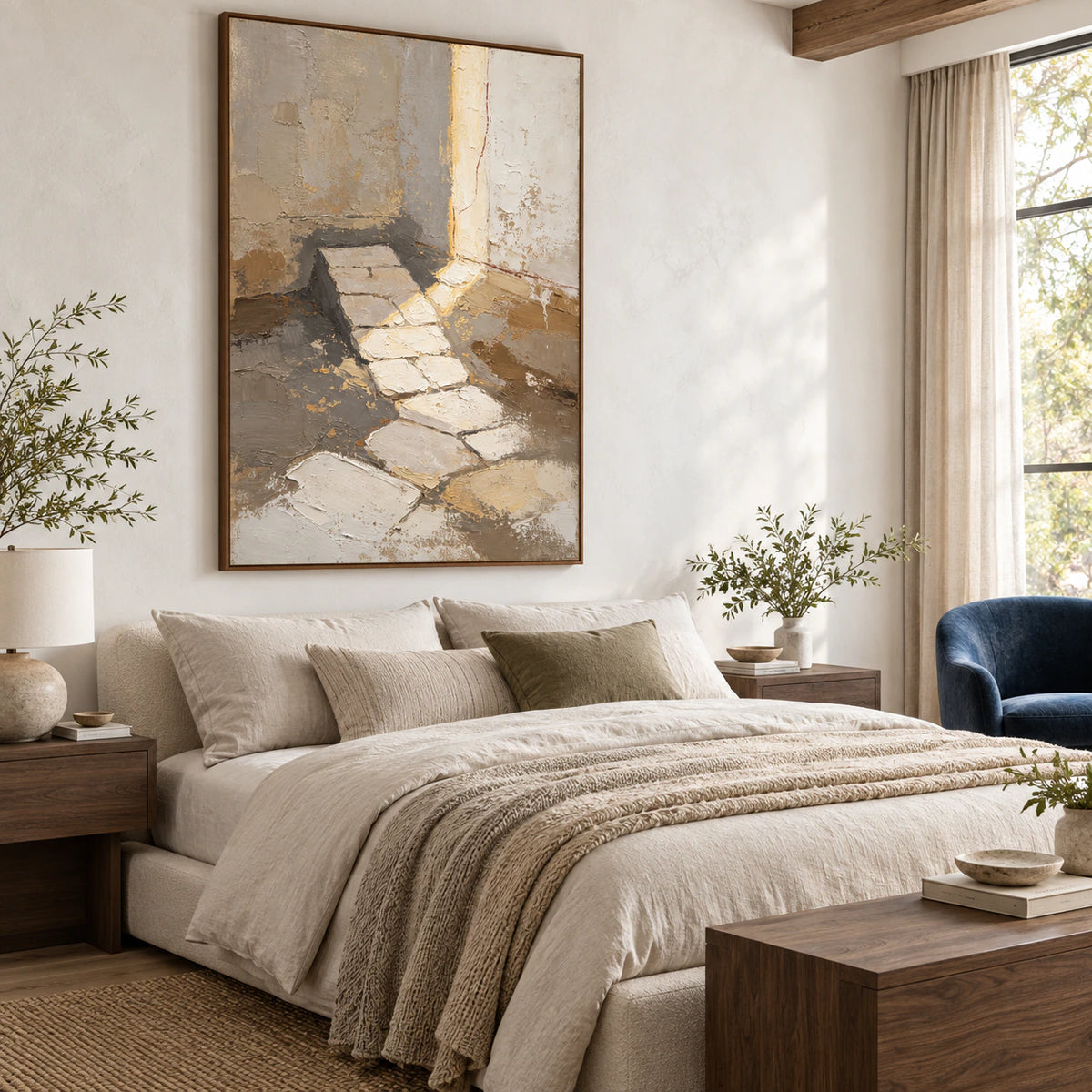 Quiet-Threshold above a low bed in a quiet, softly lit bedroom.