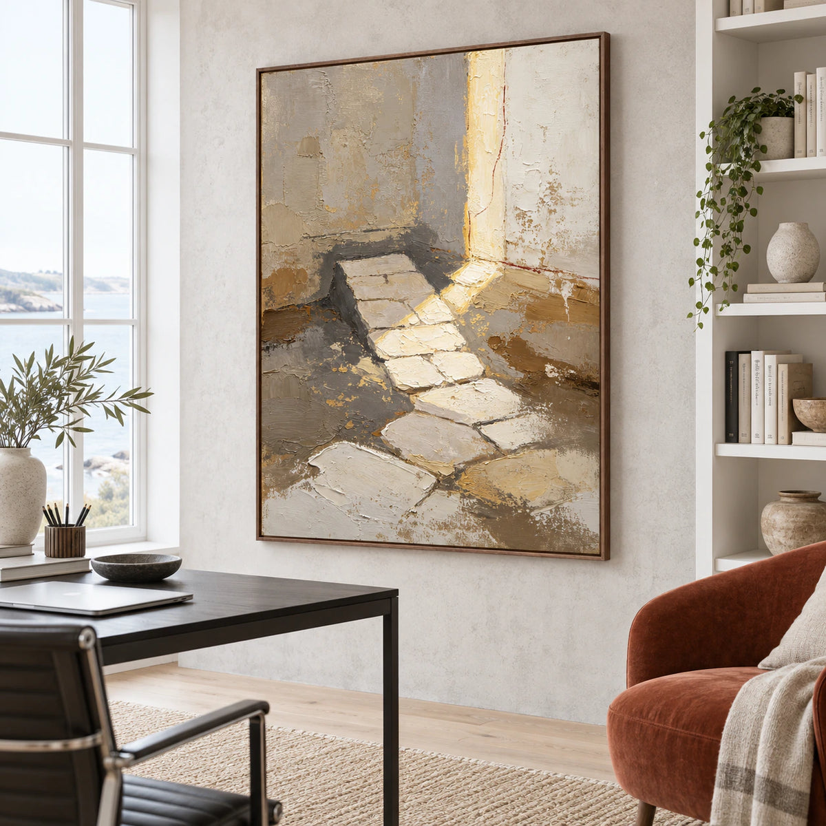 Quiet-Threshold as the central artwork in an airy home office reading space.