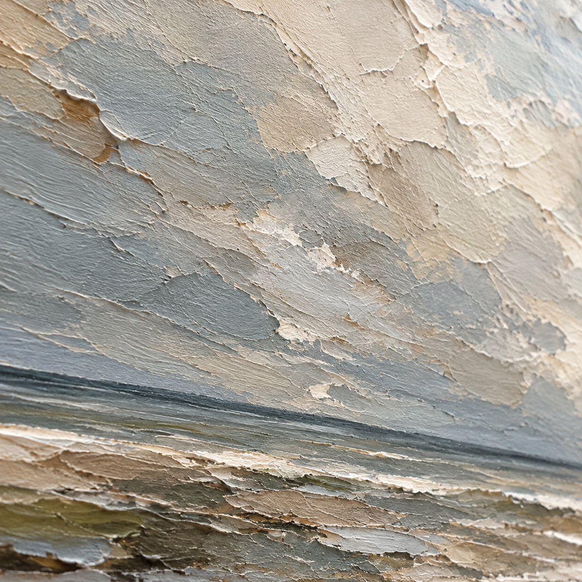 Quiet-Tide oil painting brushwork and impasto detail photographed from an oblique side angle