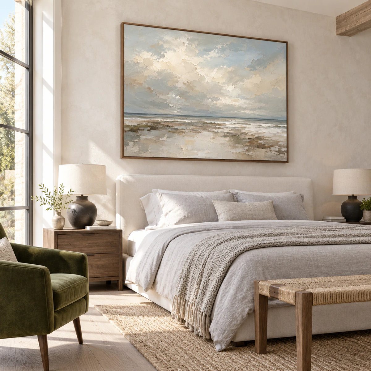 Quiet-Tide above a low bed in a quiet, naturally lit bedroom.
