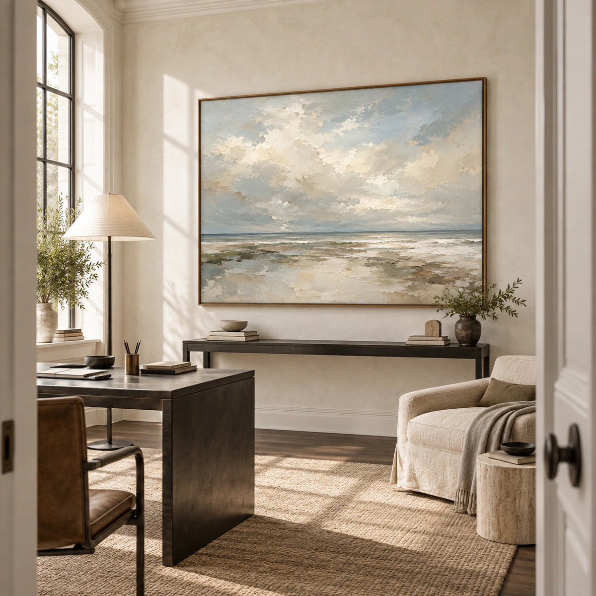 Quiet-Tide as the focal artwork in an airy home office reading space.