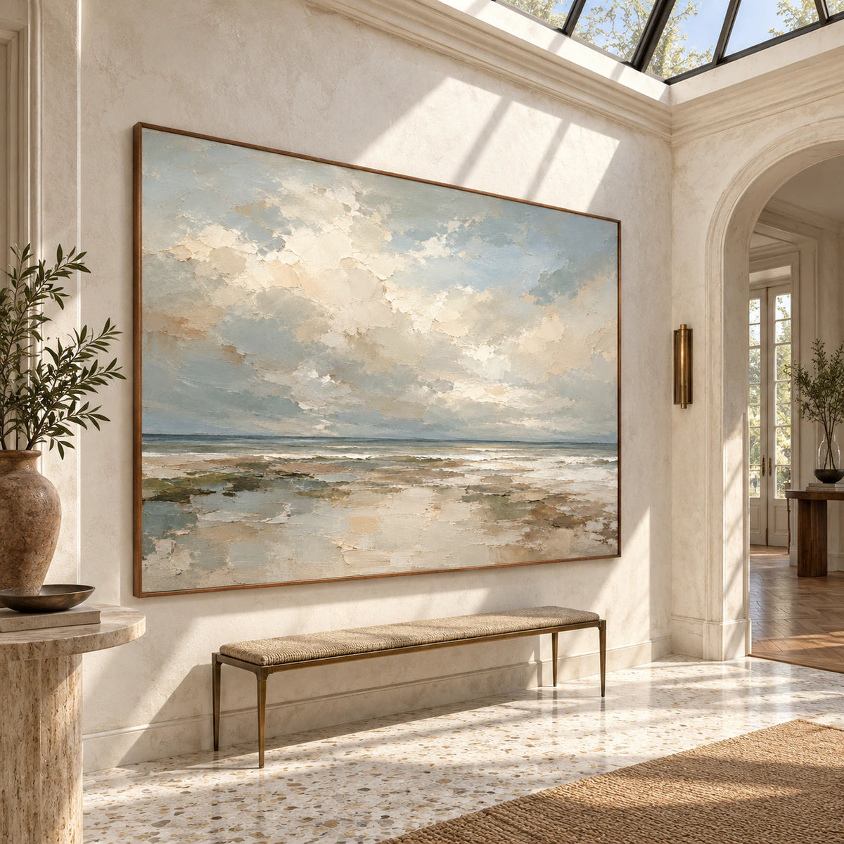 Quiet-Tide presented at gallery scale in a bright architectural foyer.