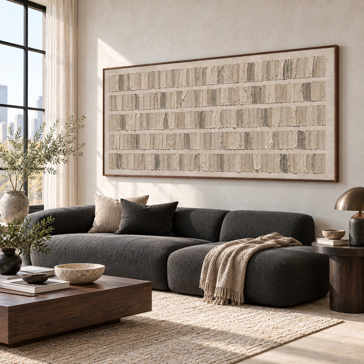Raked-Intervals above a restrained sofa in a bright contemporary living room.
