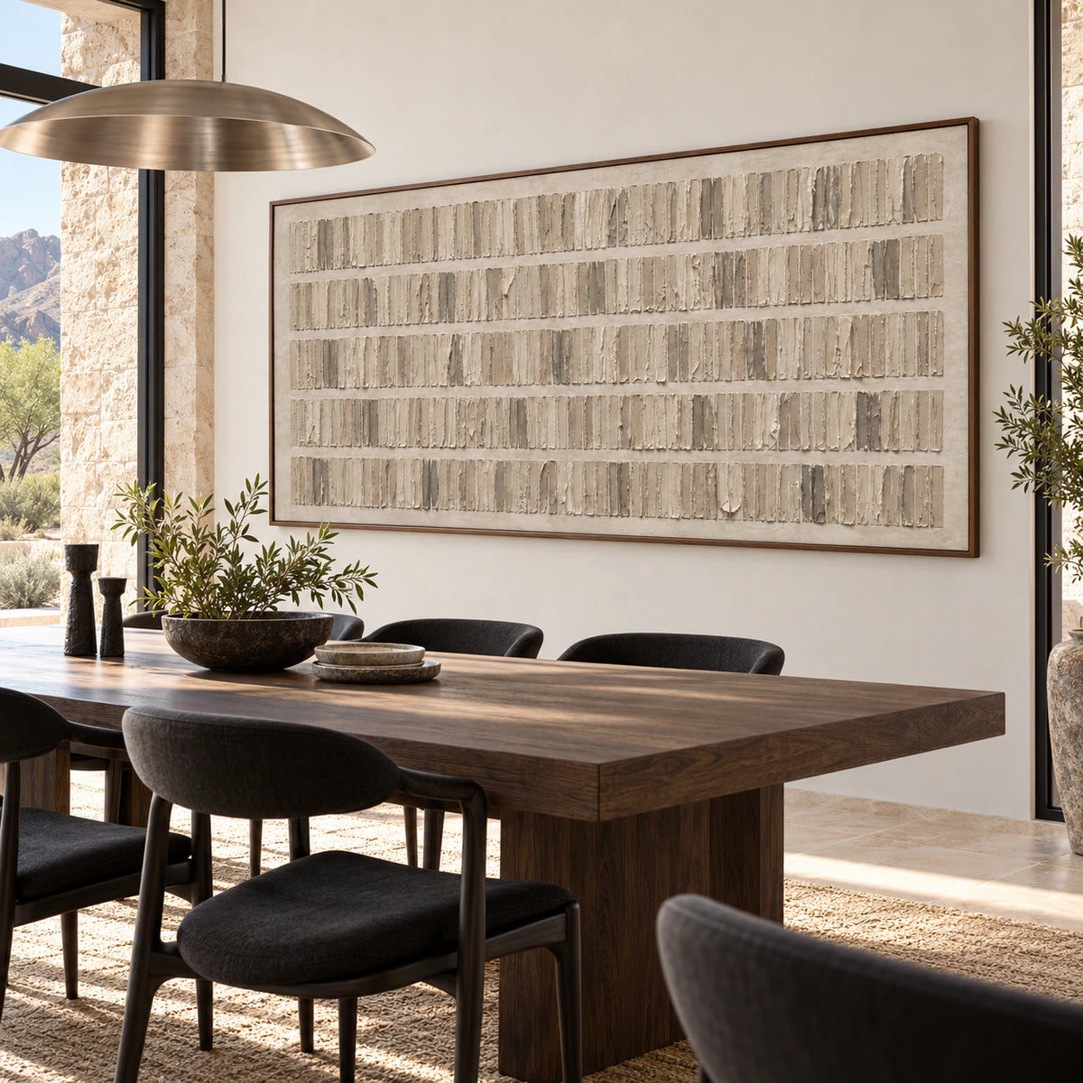 Raked-Intervals as the focal artwork in a refined daylight dining room.