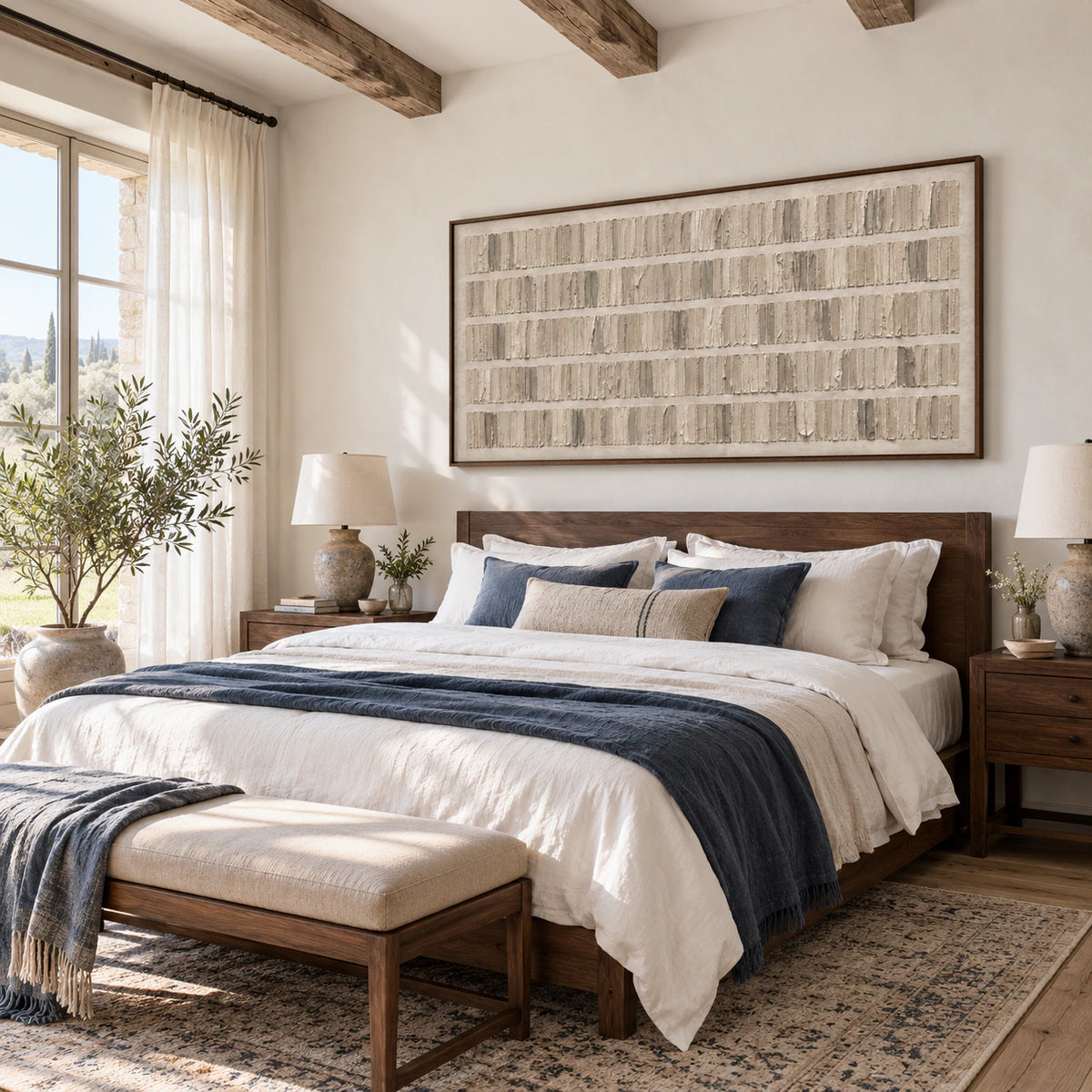 Raked-Intervals above a low bed in a quiet, sunlit bedroom.