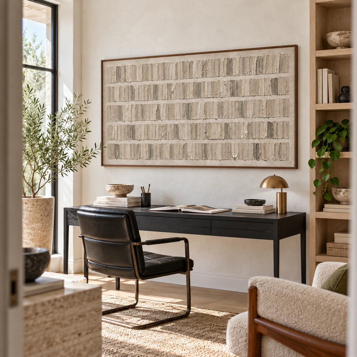 Raked-Intervals in an airy home office with soft natural daylight.