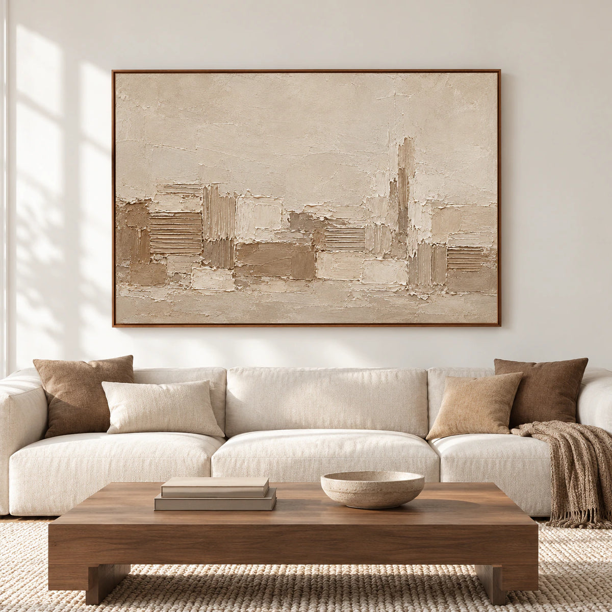 Large horizontal Raked Passage artwork hangs centered on a pale plaster wall in a spacious, daylight-filled living room, shown straight on.