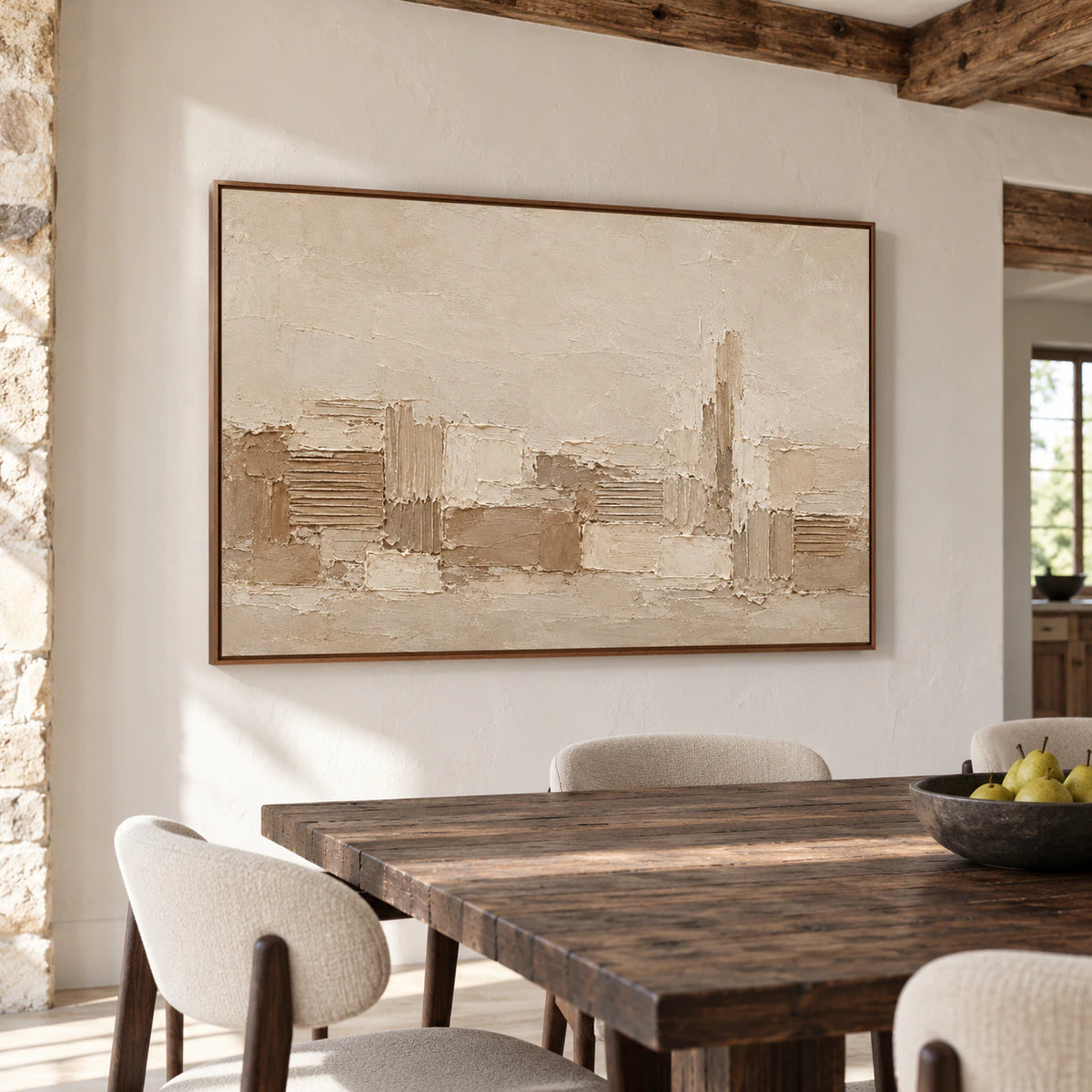 Raked Passage artwork commands the wall of a refined dining room, seen from the right past a dark timber dining table and sculptural chairs.