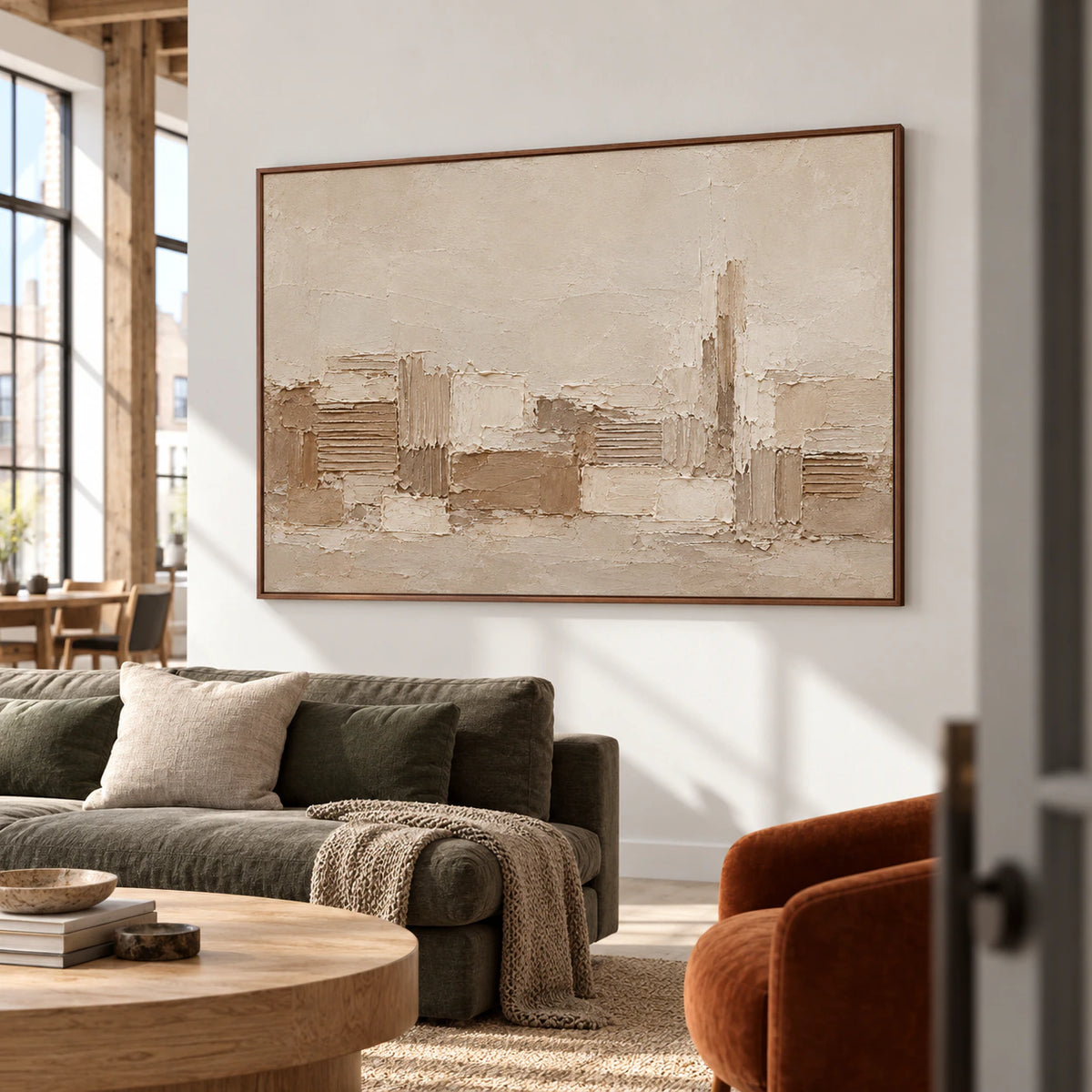 Raked Passage artwork occupies a prominent wall in an expansive loft interior with tall windows, pale architectural surfaces and minimal furniture.
